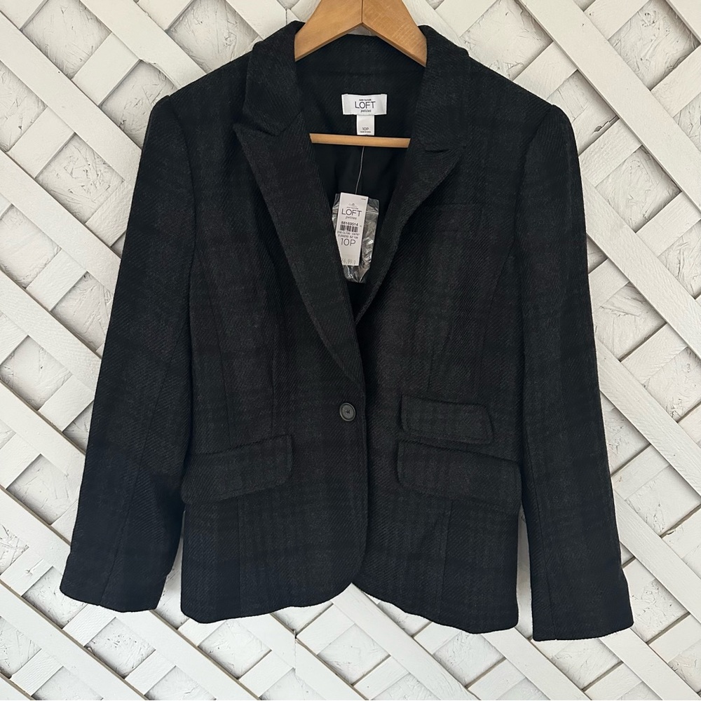 LOFT Herringbone Plaid Wool Blend One Button Blazer Jacket Black Gray 10P